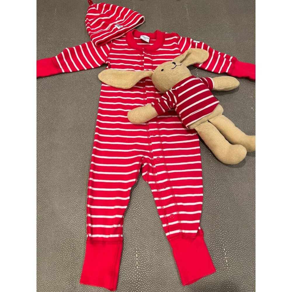Polarn O. Pyret Red W/ White Stripes Pajama Set  with Matching Stuffed Bunny Siz